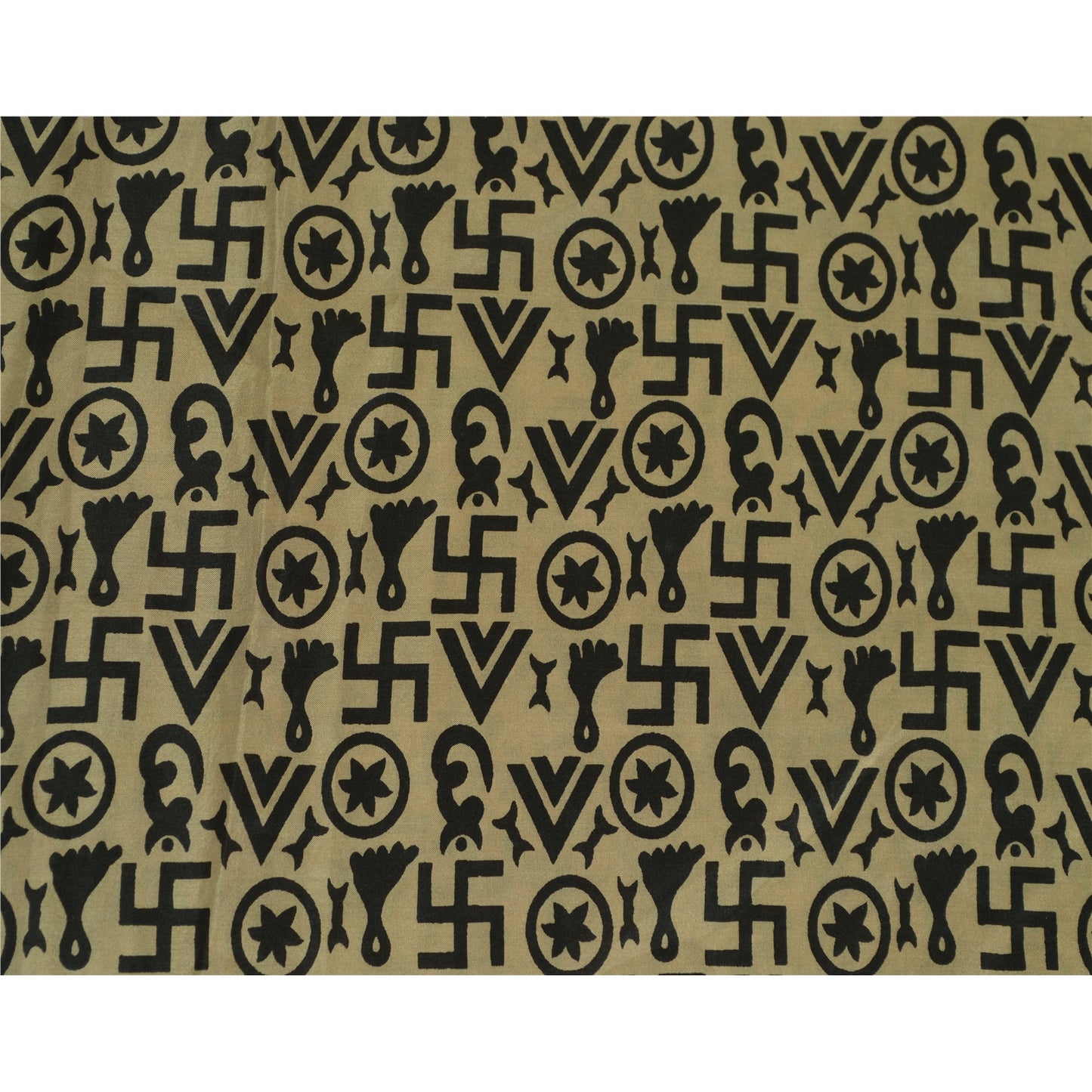 Sanskriti Vintage Sarees Beige Religiøse Symboler Trykt Ren Silke Sari Bæredygtigt Stof