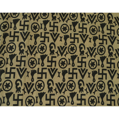 Sanskriti Vintage Sarees Beige Religiøse Symboler Trykt Ren Silke Sari Bæredygtigt Stof