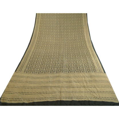 Sanskriti Vintage Sarees Beige Religiøse Symboler Trykt Ren Silke Sari Bæredygtigt Stof