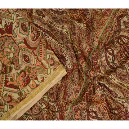 Sanskriti Vintage Sarees Dark-Red Zari Border Print Pure Silk Sari Craft Sustainable Fabric