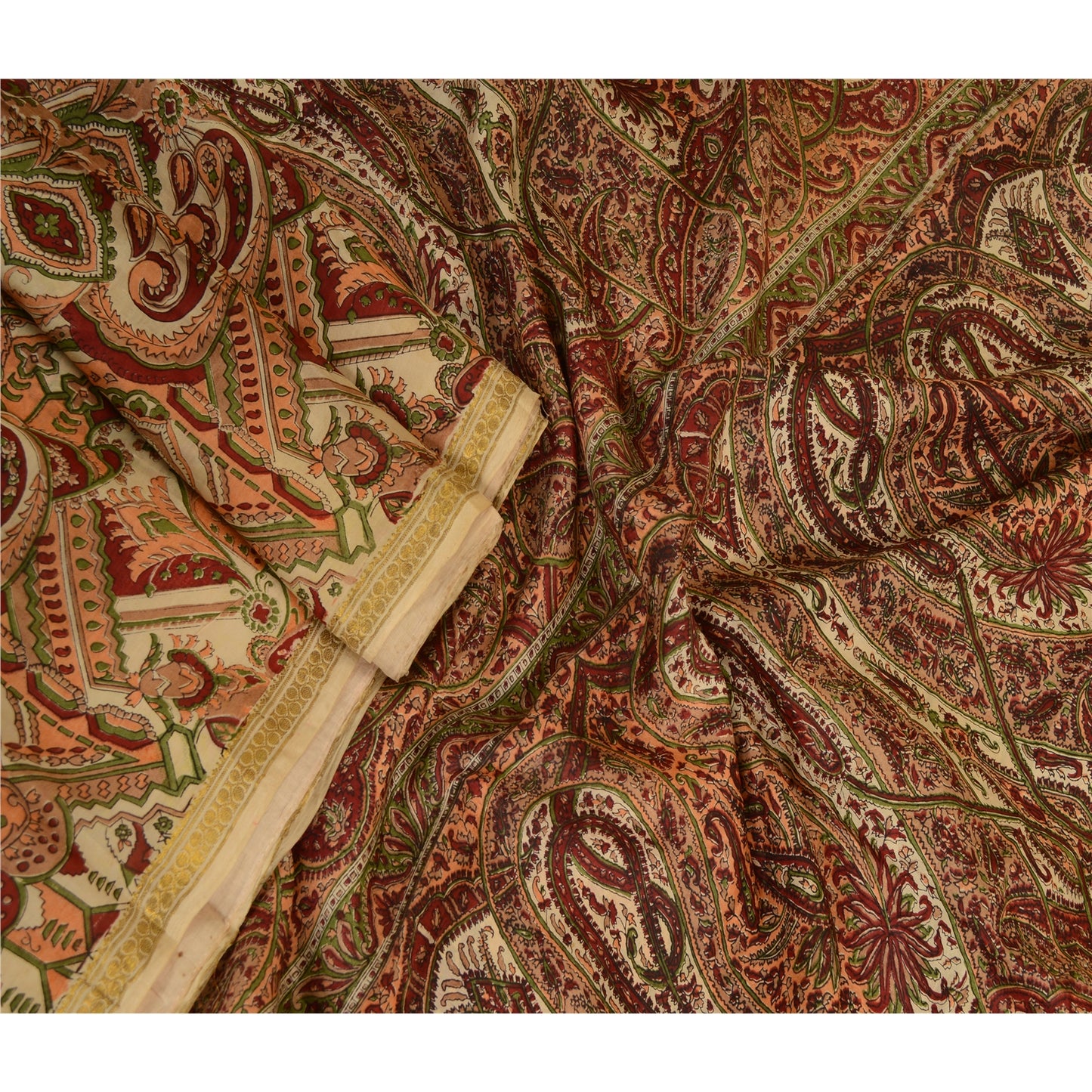 Sanskriti Vintage Sarees Dark-Red Zari Border Print Pure Silk Sari Craft Sustainable Fabric