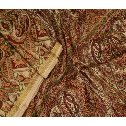 Sanskriti Vintage Sarees Dark-Red Zari Border Print Pure Silk Sari Craft Sustainable Fabric