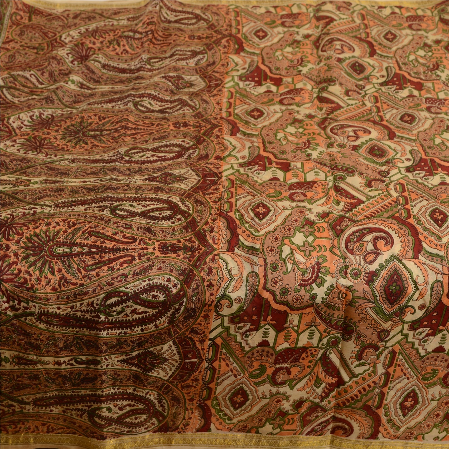 Sanskriti Vintage Sarees Dark-Red Zari Border Print Pure Silk Sari Craft Sustainable Fabric