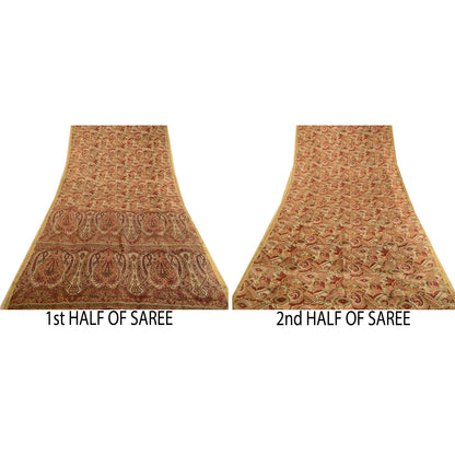 Sanskriti Vintage Sarees Dark-Red Zari Border Print Pure Silk Sari Craft Sustainable Fabric