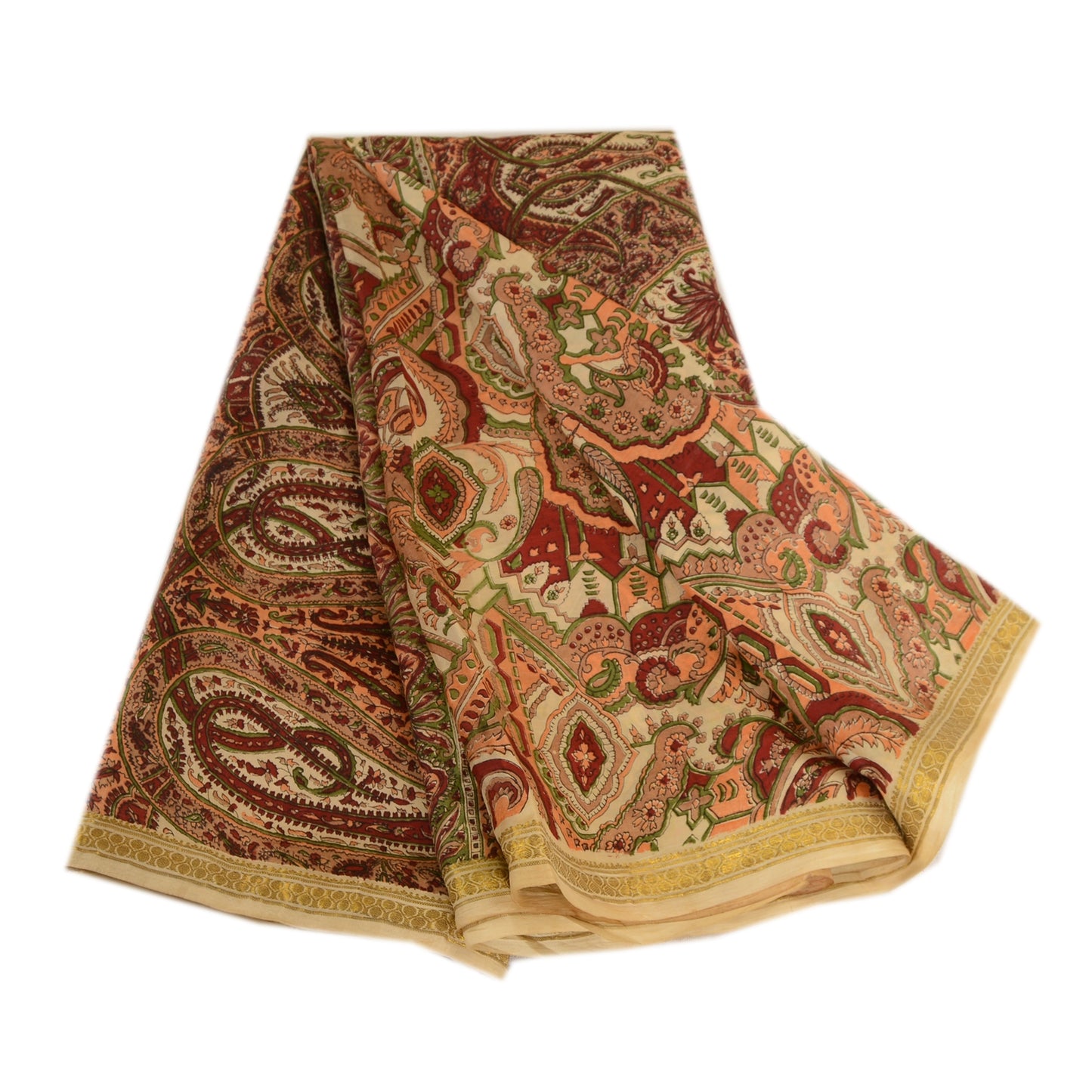 Sanskriti Vintage Sarees Dark-Red Zari Border Print Pure Silk Sari Craft Sustainable Fabric