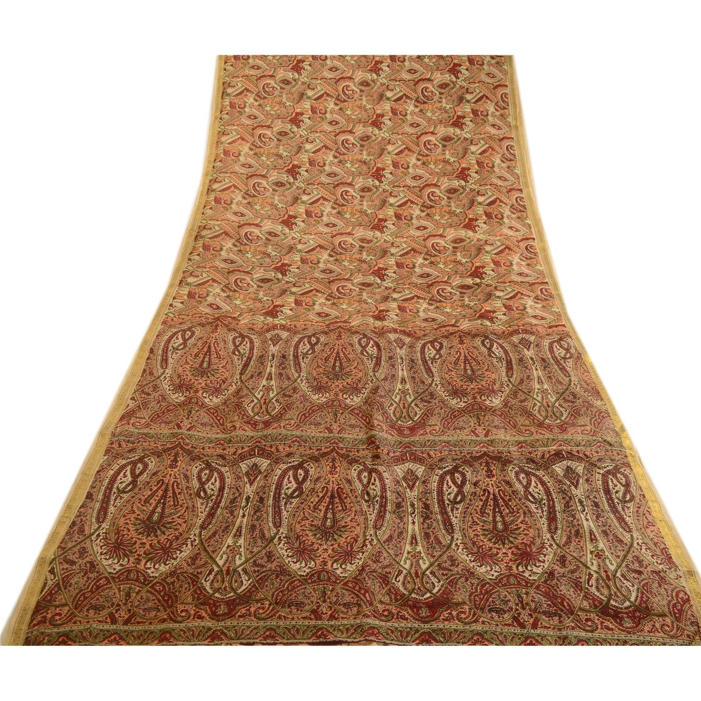 Sanskriti Vintage Sarees Dark-Red Zari Border Print Pure Silk Sari Craft Sustainable Fabric