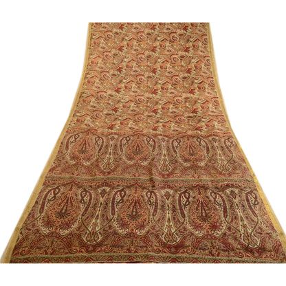 Sanskriti Vintage Sarees Dark-Red Zari Border Print Pure Silk Sari Craft Sustainable Fabric