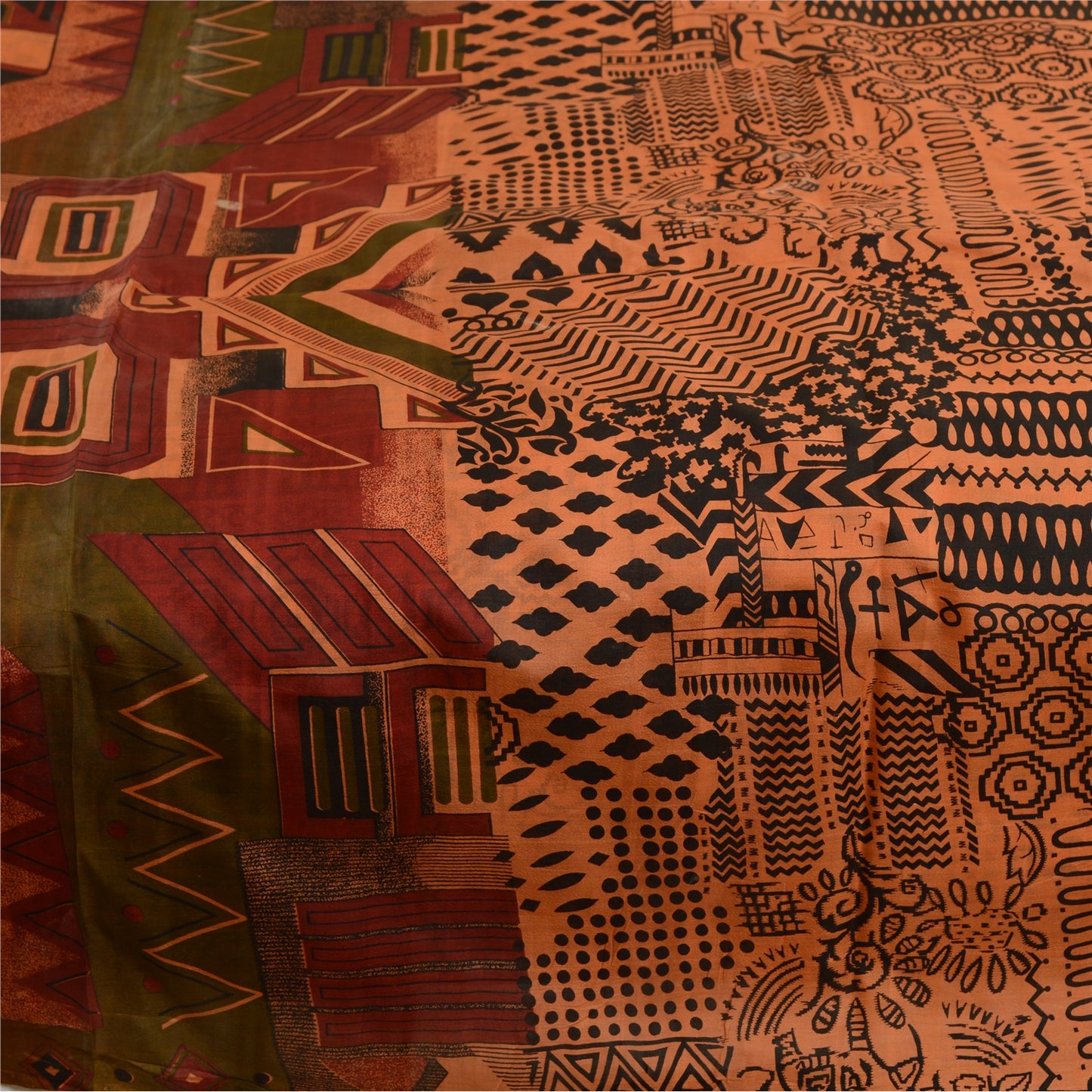 Сари Sanskriti Vintage, оранжевый, чистый шелк, геометрический принт, сари, ремесло, устойчивая ткань