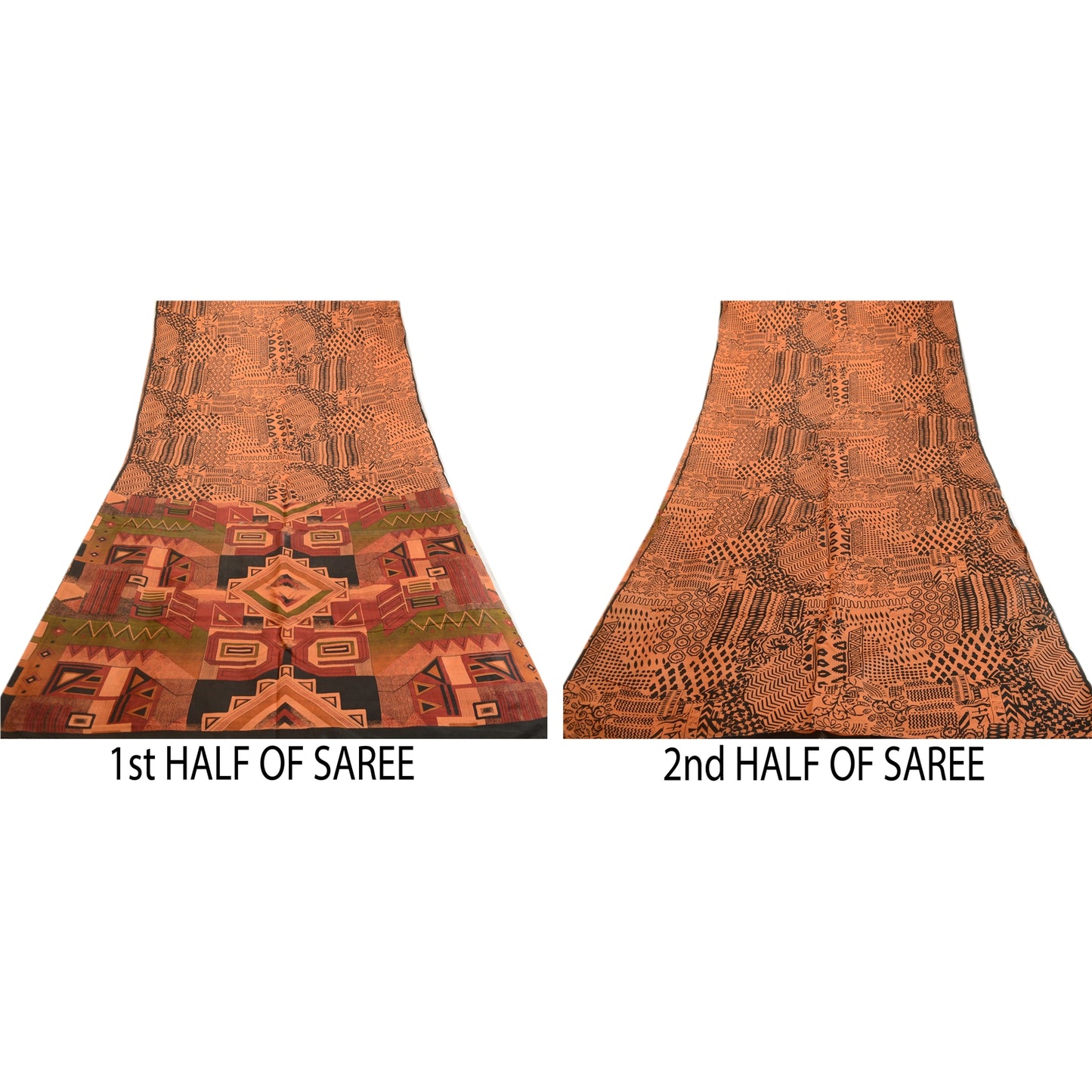 Сари Sanskriti Vintage, оранжевый, чистый шелк, геометрический принт, сари, ремесло, устойчивая ткань