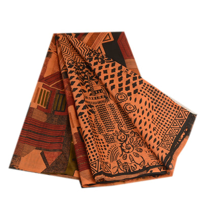 Сари Sanskriti Vintage, оранжевый, чистый шелк, геометрический принт, сари, ремесло, устойчивая ткань