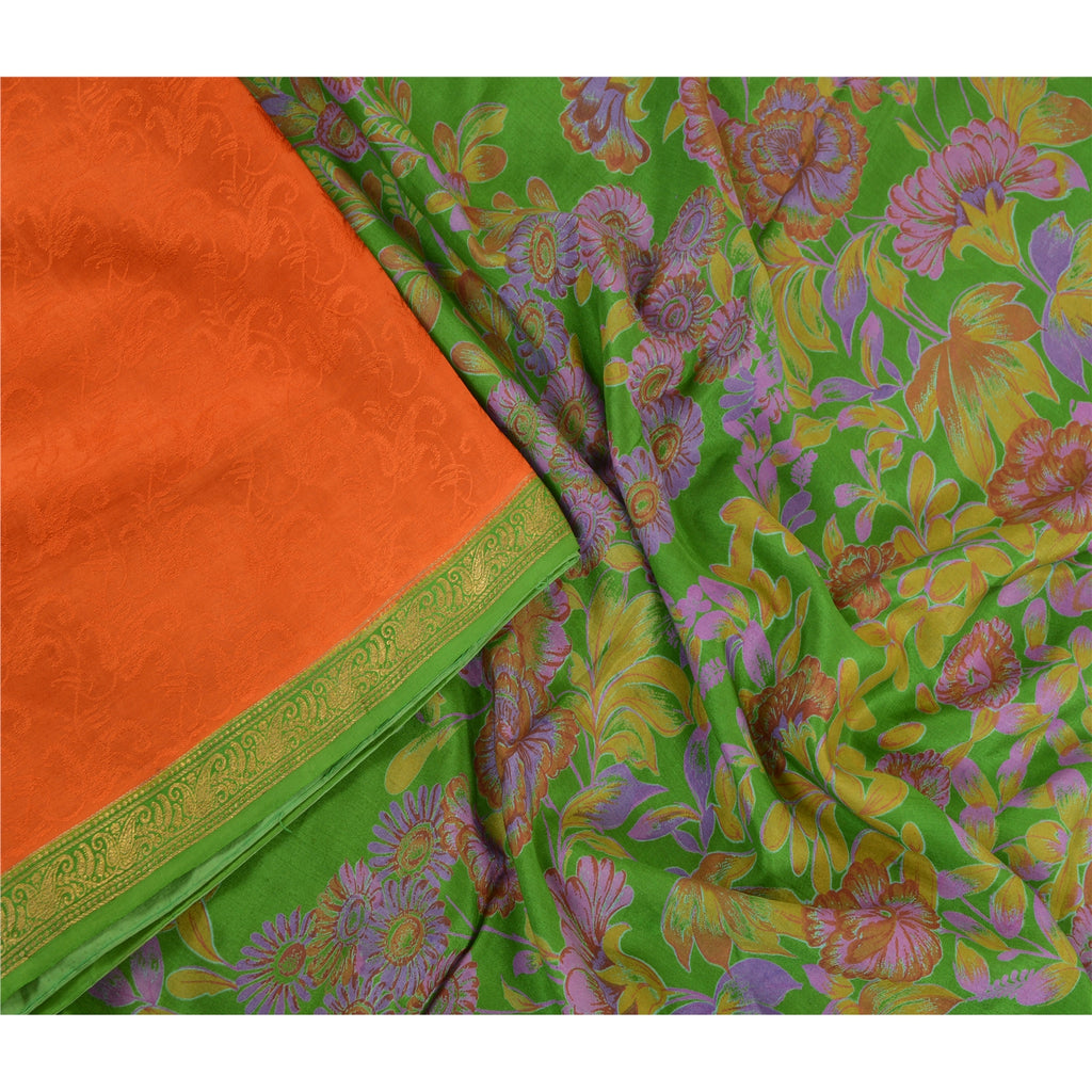 Sanskriti Vintage Sarees Orange Zari Border Pure Silk Printed Woven Sari Sustainable Fabric