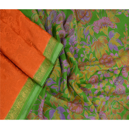 Sanskriti Vintage Sarees Orange Zari Border Pure Silk Printed Woven Sari Sustainable Fabric