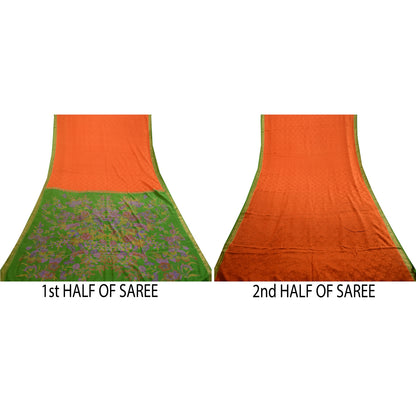 Sanskriti Vintage Sarees Orange Zari Border Pure Silk Printed Woven Sari Sustainable Fabric