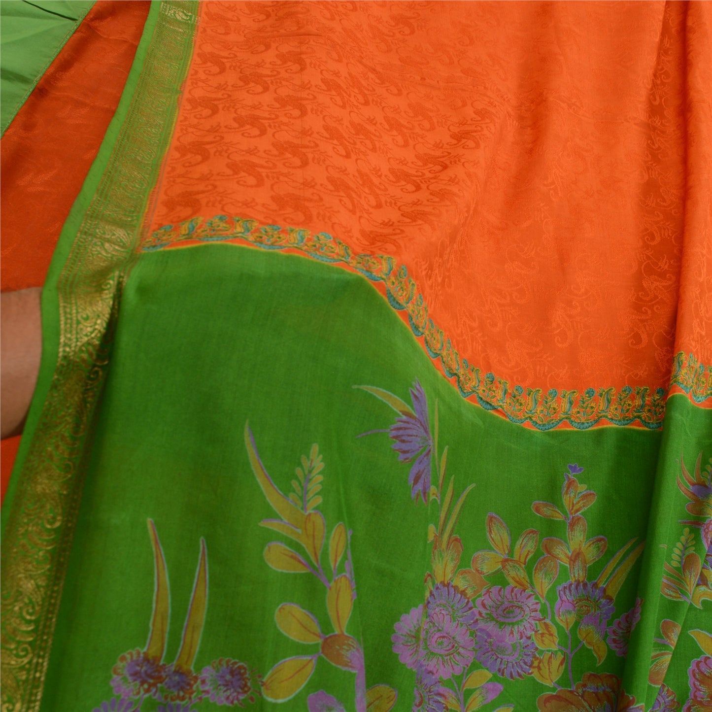 Sanskriti Vintage Sarees Orange Zari Border Pure Silk Printed Woven Sari Sustainable Fabric