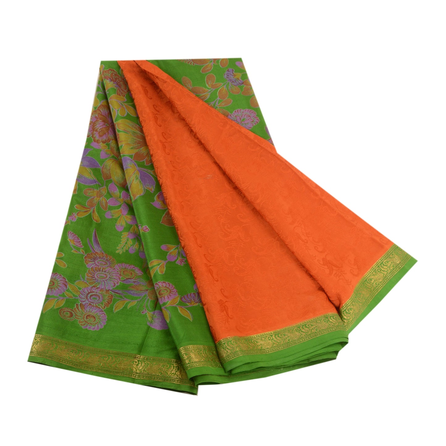 Sanskriti Vintage Sarees Orange Zari Border Pure Silk Printed Woven Sari Sustainable Fabric