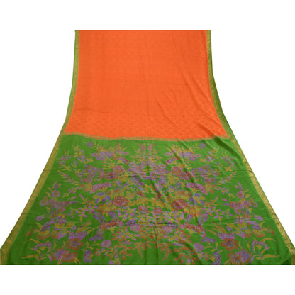 Sanskriti Vintage Sarees Orange Zari Border Pure Silk Printed Woven Sari Sustainable Fabric