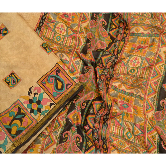 Sanskriti Vintage Sarees Beige Zari Border Pure Silk Printed Sari Craft Sustainable Fabric