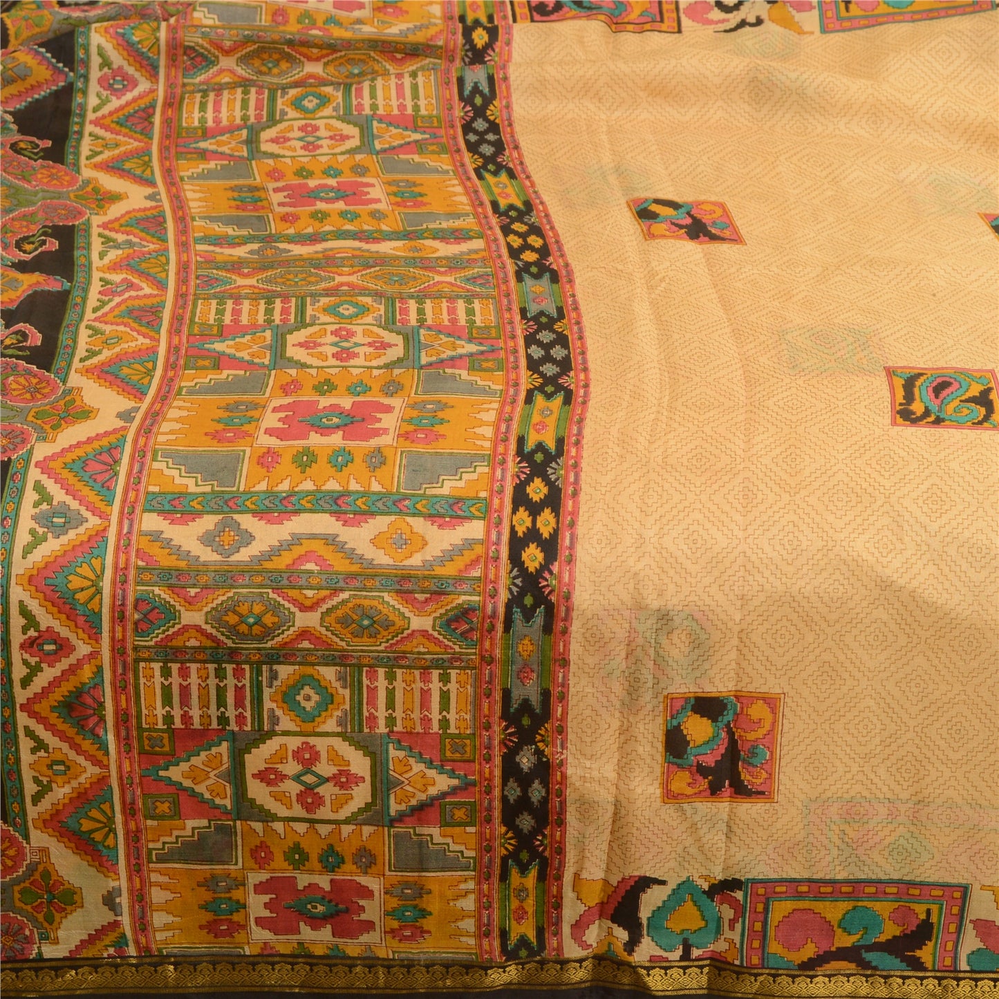 Sanskriti Vintage Sarees Beige Zari Kant Ren Silke Trykt Sari Håndværk Bæredygtigt Stoff