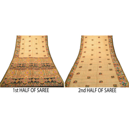 Sanskriti Vintage Sarees Beige Zari Kant Ren Silke Trykt Sari Håndværk Bæredygtigt Stoff