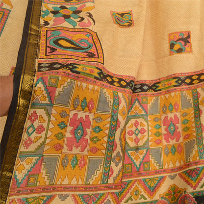 Sanskriti Vintage Sarees Beige Zari Kant Ren Silke Trykt Sari Håndværk Bæredygtigt Stoff