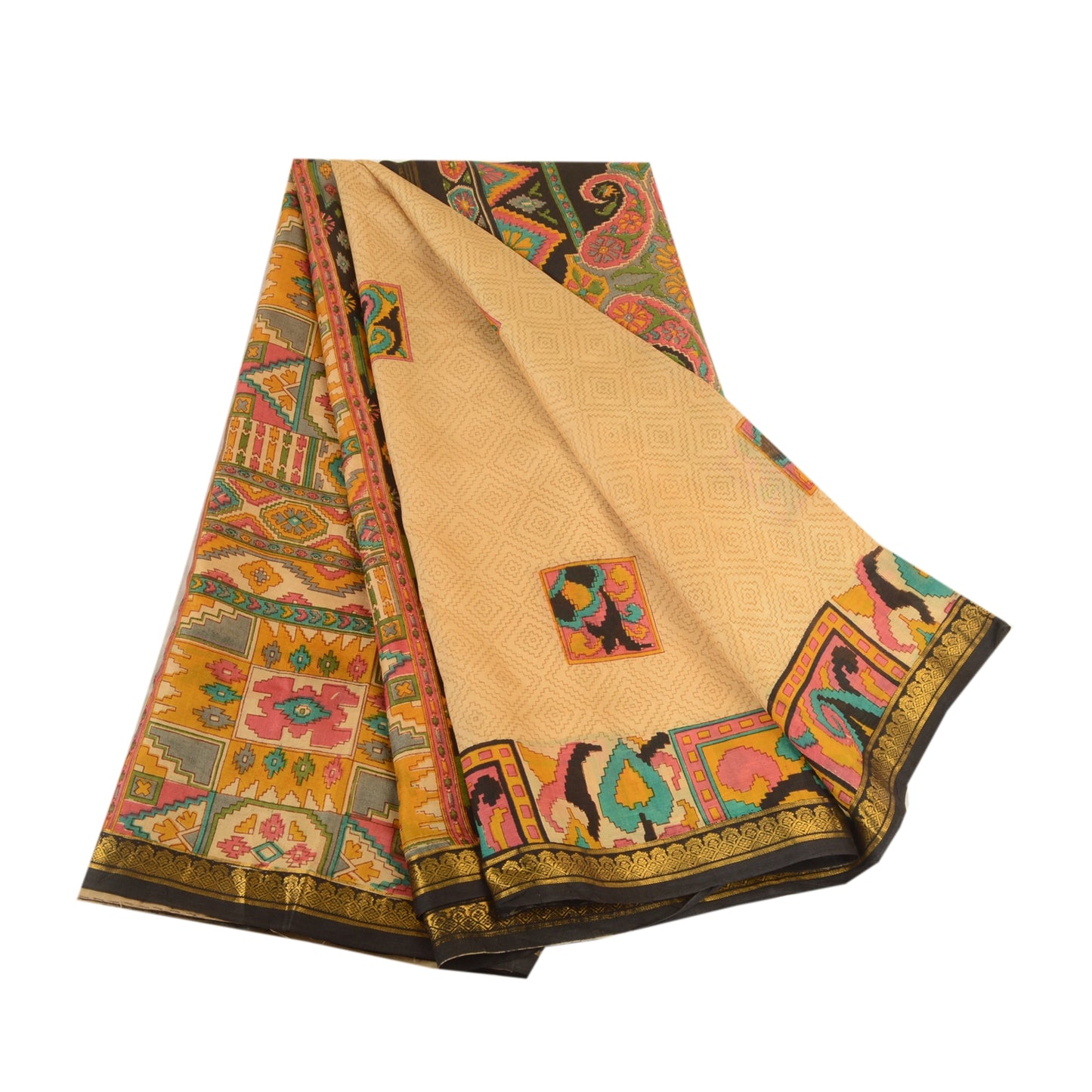 Sanskriti Vintage Sarees Beige Zari Kant Ren Silke Trykt Sari Håndværk Bæredygtigt Stoff