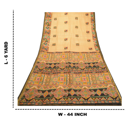 Sanskriti Vintage Sarees Beige Zari Kant Ren Silke Trykt Sari Håndværk Bæredygtigt Stoff