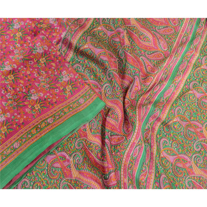 Sanskriti Vintage Sarees Pink Indian Printed 100% Pure Silk Sari Craft Sustainable Fabric