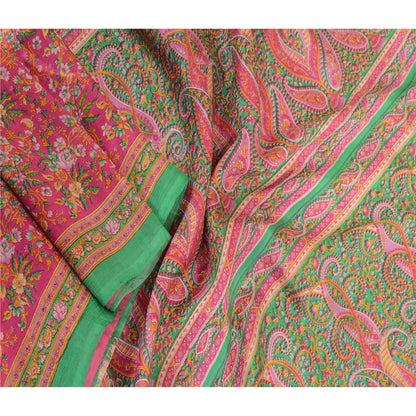 Sanskriti Vintage Sarees Pink Indian Printed 100% Pure Silk Sari Craft Sustainable Fabric