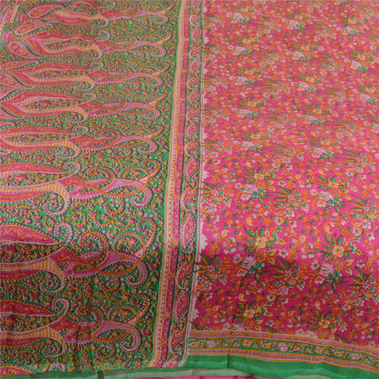 Sanskriti Vintage Sarees Pink Indian Printed 100% Pure Silk Sari Craft Sustainable Fabric