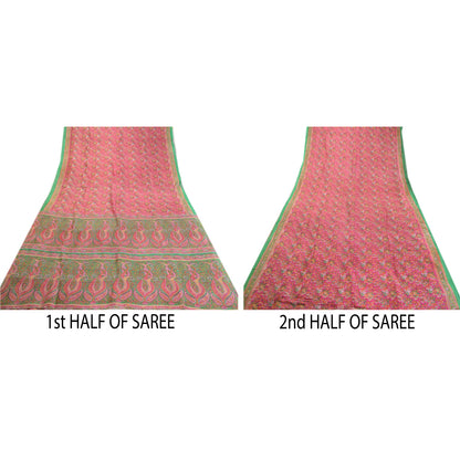 Sanskriti Vintage Sarees Pink Indian Printed 100% Pure Silk Sari Craft Sustainable Fabric