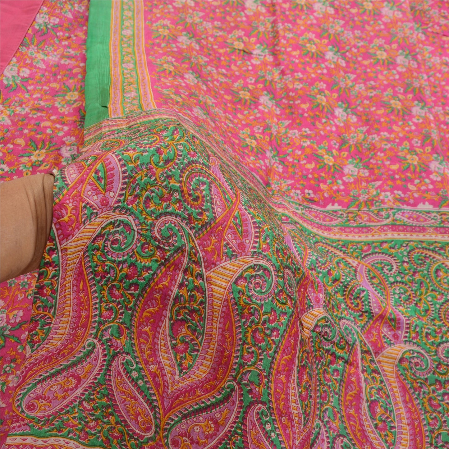 Sanskriti Vintage Sarees Pink Indian Printed 100% Pure Silk Sari Craft Sustainable Fabric