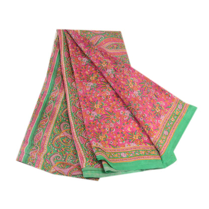Sanskriti Vintage Sarees Pink Indian Printed 100% Pure Silk Sari Craft Sustainable Fabric