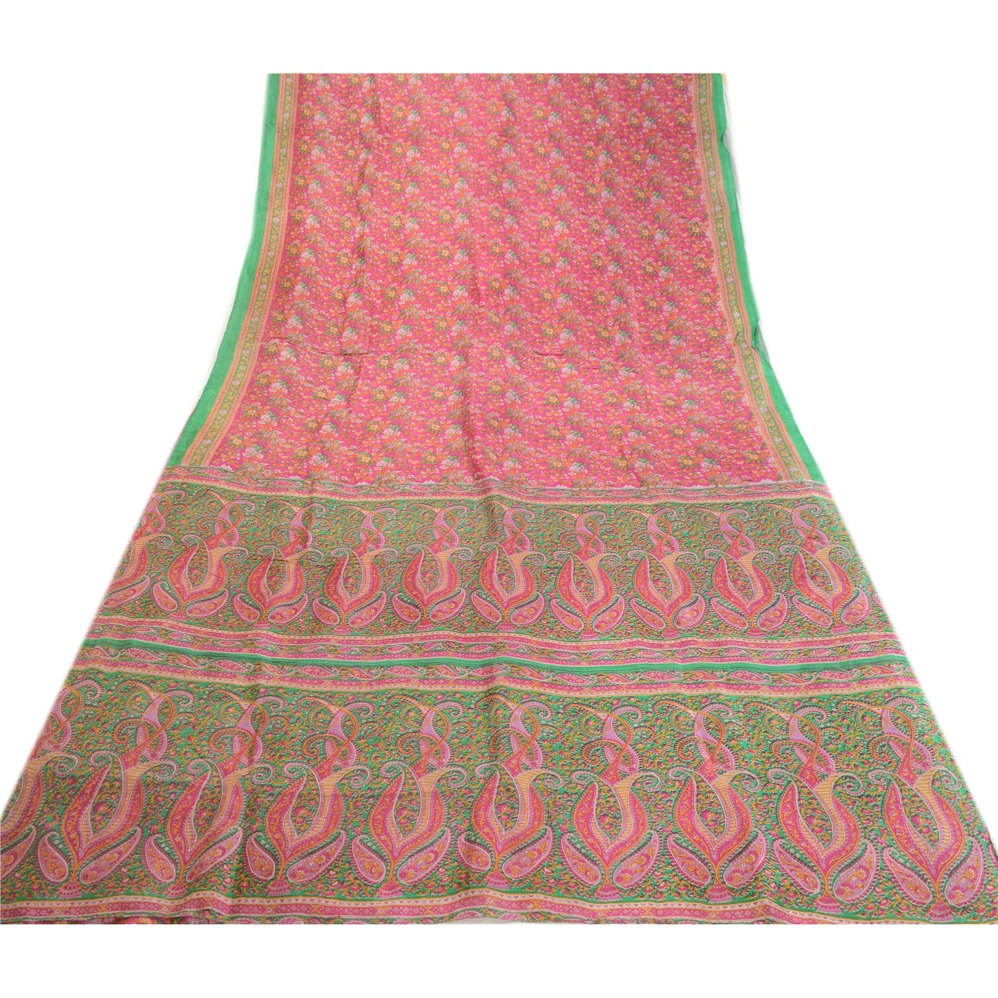 Sanskriti Vintage Sarees Pink Indian Printed 100% Pure Silk Sari Craft Sustainable Fabric