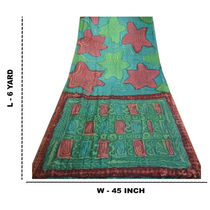 Sanskriti Vintage Sarees From India Blue Printed Pure Silk Sari 5yd Craft Sustainable Fabric