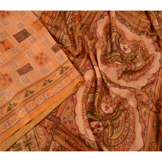 Sanskriti Vintage Sarees Saffron Indian Printed Pure Silk Sari Soft Craft Sustainable Fabric