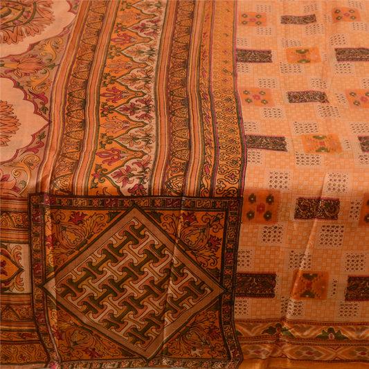 Sanskriti Vintage Sarees Saffron Indian Printed Pure Silk Sari Soft Craft Sustainable Fabric