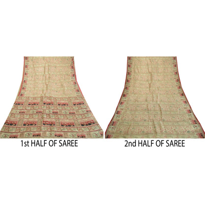 Санскритские винтажные сари пастельно-зеленого цвета из чистого шелка с принтом, мягкая ткань для рукоделия, устойчивая ткань