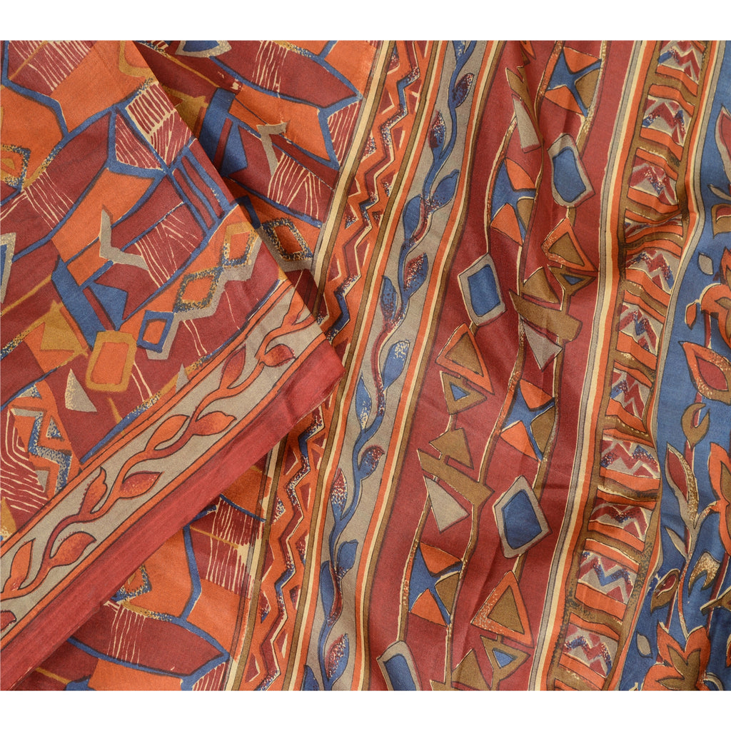 Sanskriti Vintage Sarees Indian Dark Red Pure Silk Printed Sari 5yd Craft Sustainable Fabric