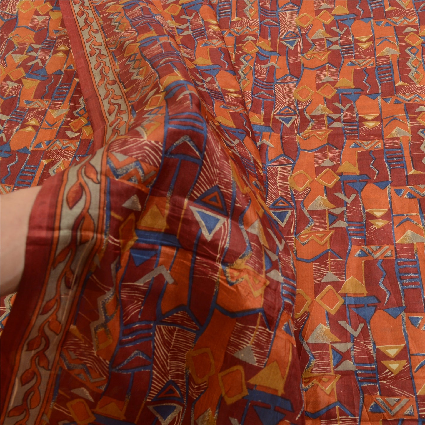 Sanskriti Vintage Sarees Indian Dark Red Pure Silk Printed Sari 5yd Craft Sustainable Fabric