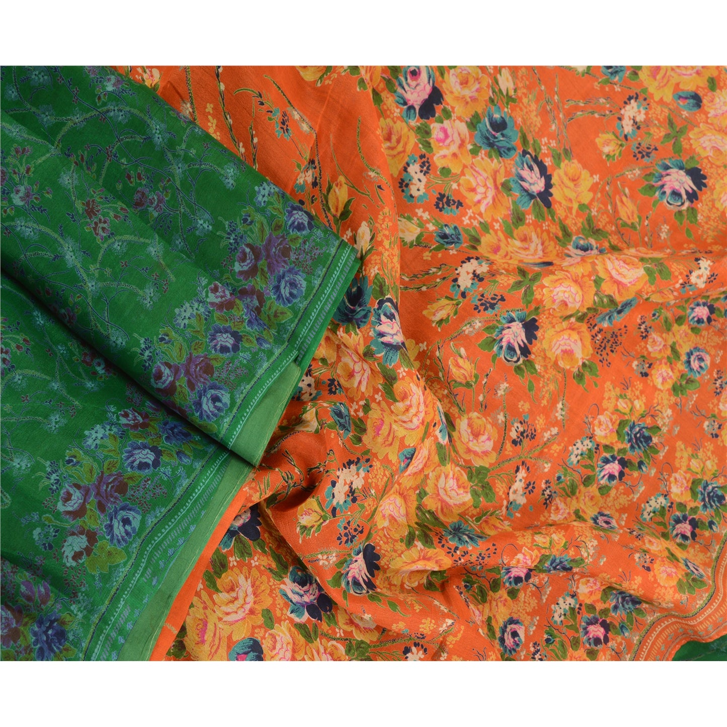 Sanskriti Vintage Sarees Green From India Printed Pure Silk Sari Craft Sustainable Fabric