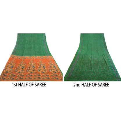 Sanskriti Vintage Sarees Green From India Printed Pure Silk Sari Craft Sustainable Fabric