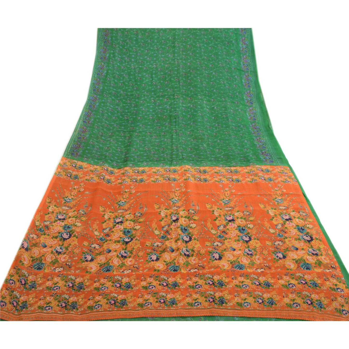 Sanskriti Vintage Sarees Green From India Printed Pure Silk Sari Craft Sustainable Fabric