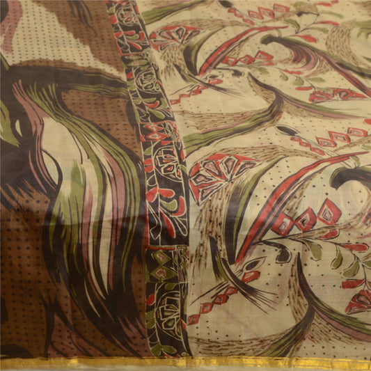 Sanskriti Vintage Sarees Cream Zari Border Printed Pure Silk Sari Craft Sustainable Fabric