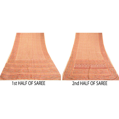 Sanskriti Vintage Sarees Red Indian Printed Pure Silk Sari Soft 5yd Craft Sustainable Fabric