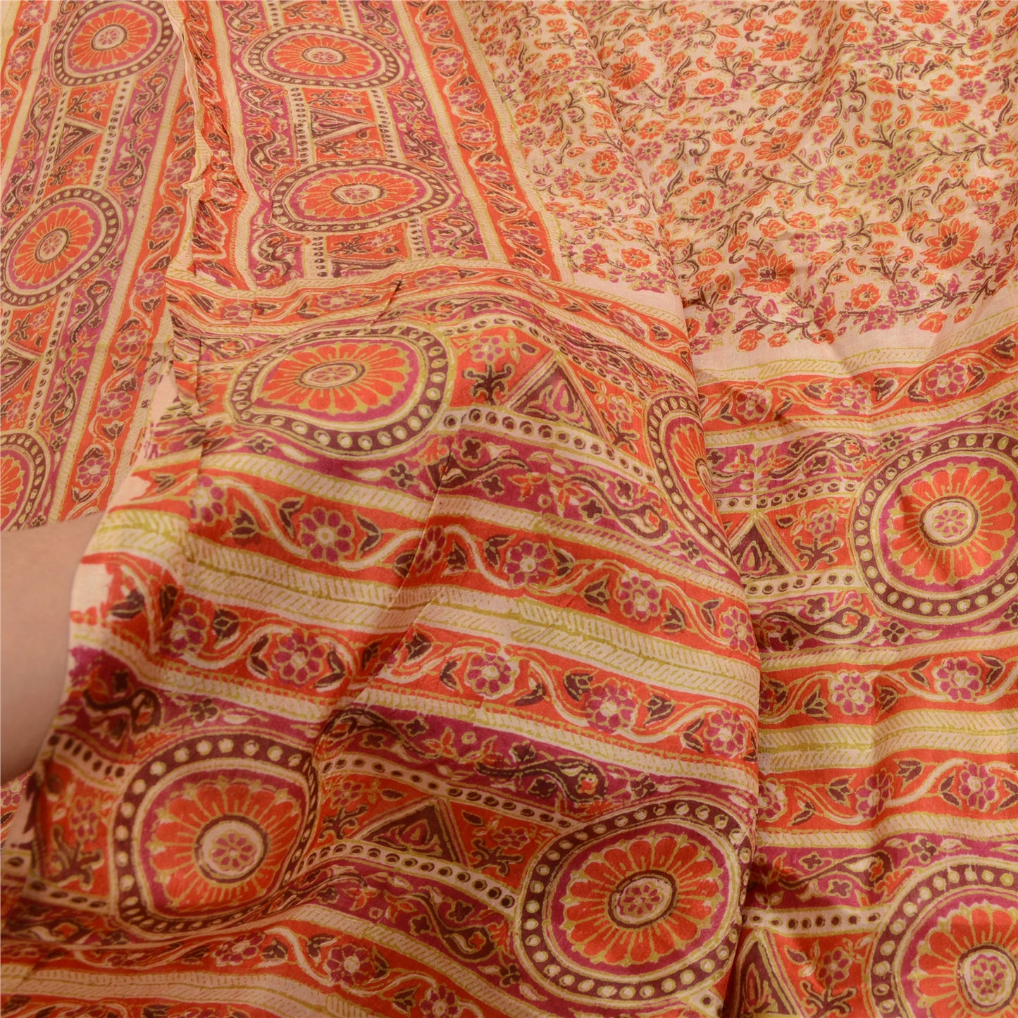 Sanskriti Vintage Sarees Red Indian Printed Pure Silk Sari Soft 5yd Craft Sustainable Fabric