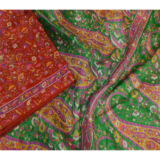 Sanskriti Vintage Sarees Red Indian 100% Pure Silk Printed Sari 5YD Craft Sustainable Fabric
