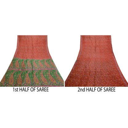 Санскритские винтажные сари красное индийское 100% чистое шелковое набивное сари 5YD Craft Sustainable Fabric