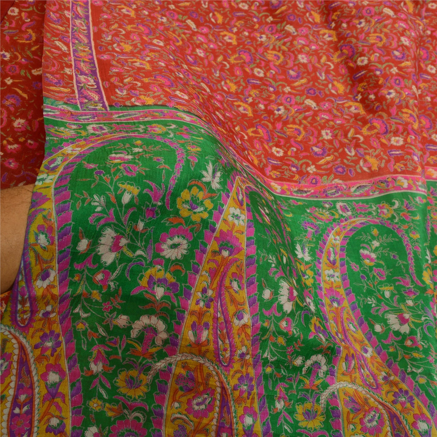 Санскритские винтажные сари красное индийское 100% чистое шелковое набивное сари 5YD Craft Sustainable Fabric