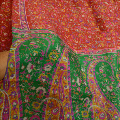 Санскритские винтажные сари красное индийское 100% чистое шелковое набивное сари 5YD Craft Sustainable Fabric