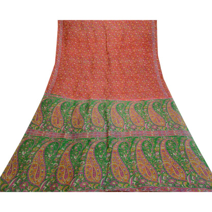 Санскритские винтажные сари красное индийское 100% чистое шелковое набивное сари 5YD Craft Sustainable Fabric